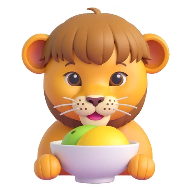 lion with a bowl haircut, straight bangs, cute and expressive, 3D emoji style sticker