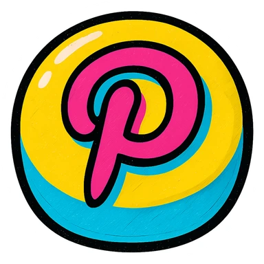 plump rounded Pinterest logo with bold black outlines, clear shadows, glossy highlights, juicy soft playful colorful outlined look sticker