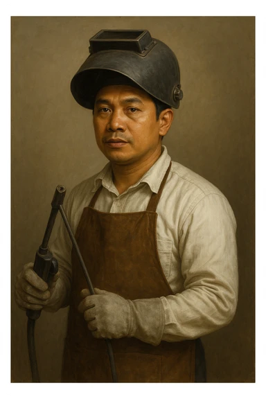 Сгенерируй мне в стиле реалистичной живописи на однородном фоне сварщика индонезийской внешности. Он одет опрятно и чисто sticker