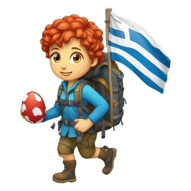 Female mountain climber red hair climbing with Greek flag on backpack and holding Easter eggs basket sticker