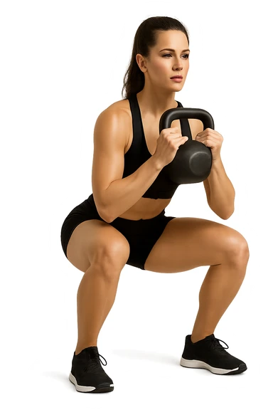 donna fitness in forma con kettlebell mentre fa uno squat, isolata su sfondo bianco sticker