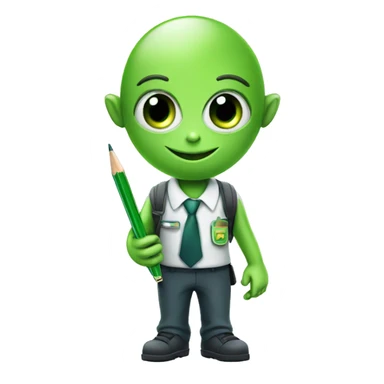 a green alien in school uniform holding a pen sticker