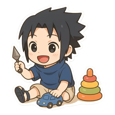 Kid Sasuke, playing with toys with a bright smile, adorable chibi sticker, innocent version of Sasuke sticker