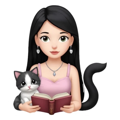 Menina branca ,cabelos pretos longos, olhos pretos puxados para cima. Cílios longos, lábios grossos ,nariz pequeno ,vestido rosa claro de alça. Colar e brinco bem pequeno. Lendo um livro com gatinho preto e branco. sticker
