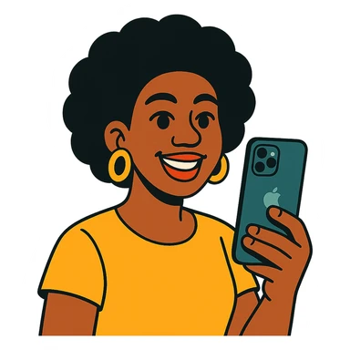 Afro-Caribbean woman smiling, holding iPhone, recording sticker