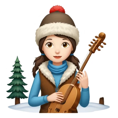 "Girl 👩🏻‍🦱 in fur hat 👒🦊 and vest 🧥, standing in snow ❄️🌲, holding a Bashkir dombyra 🎶 (long-necked two-string folk instrument). Emoji style." sticker
