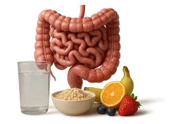 intestino umano anatomico sullo sfondo, davanti a lui un bicchiere di acqua, una bowl di avena e un po' di frutta mista, iperrealistici 4k sticker