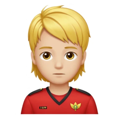 SARI SAÇLI SAÇININ YARISI SOLA DOĞRU DİĞERİNİN SAĞ TARAFTA AMA DÜZ DURAN KAHVERENGİ GÖZLÜ UZUN KİRPİKLİ BUĞDAY RENKLİ KIRMIZI ÜNİFORMALI BİR ERKEK ÇOCUK sticker