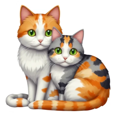 full body colourful light patched calico + white tabby cat cuddling a large grey and white cat  sticker