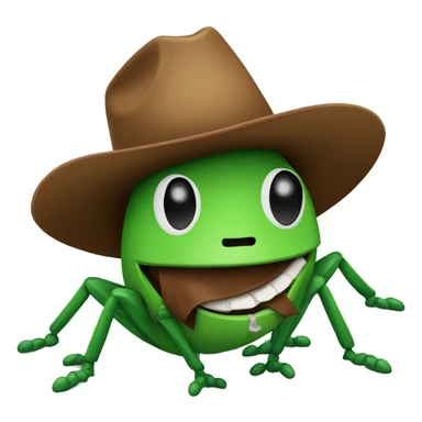 A green cricket wearing a brown cowboy hat with a green bill on it sticker