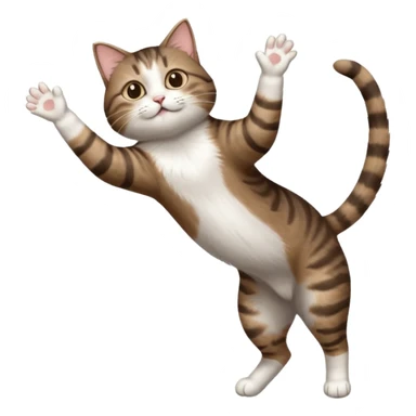 dark brown tabby and white cat with doing a big extremely long stretch reaching up into the air with arms and legs side by side together straight and overextended whilst lying on its side sticker