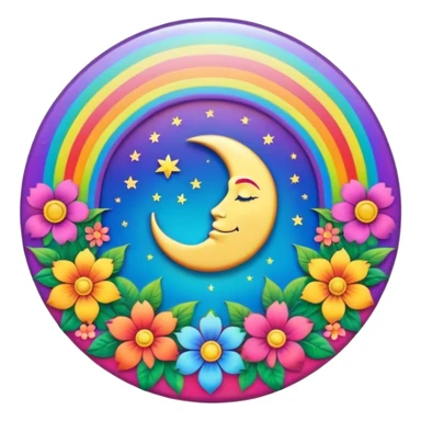A round psychedelic colored button with a rainbow colored damask style moon and hippie flowers in the center sticker