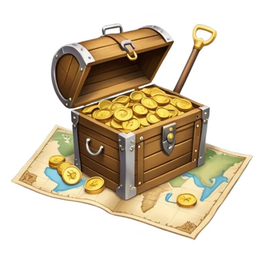 An icon featuring a treasure chest overflowing with gold, a treasure map with a compass rose, a backpack, and a shovel. The map guides the way, symbolizing the adventure of treasure hunting. Set against a transparent background, the design evokes excitement and exploration. sticker