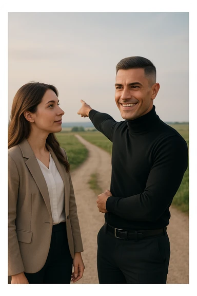 Editorial photo of a confident man standing at a crossroads, pointing decisively toward a clear path ahead. Beside him, a woman looks at him with trust and readiness to follow. Both are well-dressed, the setting is an open landscape with soft, natural light. The mood is one of leadership, guidance, and partnership. sticker