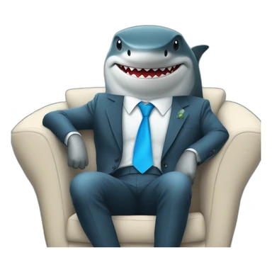 A shark wearing a suit looking straight while sitting in a chair with a blue tie sticker