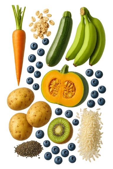 carota, fiocchi di avena, zucchine, kiwi, mirtilli, semi di chia, patate, banane acerbe, zucca, riso fluttuano in aria verticalmente, iperrealistici 4k sticker