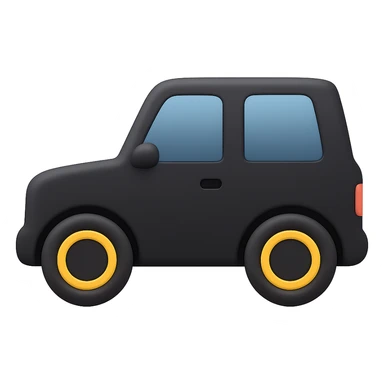 Create an extremely minimalized side view of a Mercedes G-Class SUV in black color. Remove all small details like door handles and complex rims, keeping only the most basic shapes and features. The style should resemble a 3D Apple emoji-like look with simplicity matching the blue car emoji reference. No background. sticker