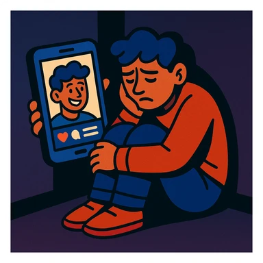 A modern person in a dimly lit room, curled up in the corner, feeling isolated after comparing their real self to their social media persona, cartoon style sticker