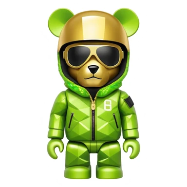 geometric bearbrick in lime graffiti balaclava wearing large snowboard style panoramic shield visor with single continuous lens, no eye division, luxury down jacket with fur, gold chains sticker