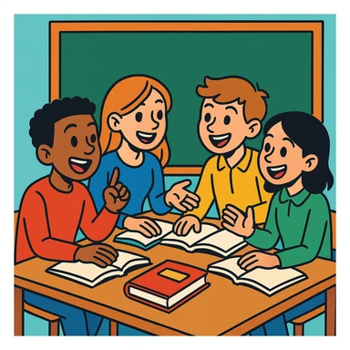 토론하는 학생들, 만화 스타일, 생동감 있는 표정, 칠판과 책상, 밝은 색상 sticker