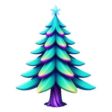 Futuristic glowing Christmas tree emoji with neon decorations, purple and cyan holographic glow, dark background, festive sparkles, no face. sticker