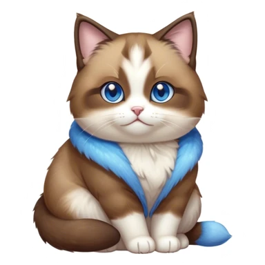 Cinematic Cute Chubby Brown Mantle Snowshoe Cat Portrait Emoji, Round and plump body, soft brown fur draped over its back like a luxurious coat, contrasted by fluffy white paws, chest, and an adorably chubby face, big, sparkling icy-blue eyes, Simplified yet irresistibly adorable features, highly detailed, glowing with a warm, cozy glow, high shine, curious yet calm, stylized with a touch of whimsy, bright and endearing, soft glowing outline, capturing the essence of a mischievous yet lazy and lovable kitty, so cuddly it feels like it could waddle right out of the screen for a snuggle! sticker