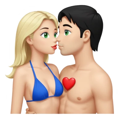 Blonde Woman Green eyes blue Bikini whole body Kissing man black Hair blue eyes Hearts in Body sticker