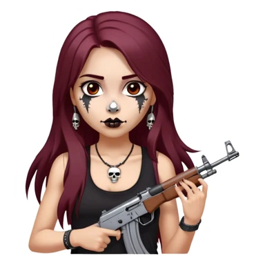 emoji of girl with an ak47 in hand with a black tank top with skulls on it with maroon dark long hair in a middle part with straight nose hazel eyes medium perfect eye brows with  a nose ring silver on the right nostril  sticker