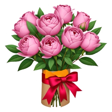 Bouquet of pink flower like rose and peony wrapped in kraft paper with red bow sticker