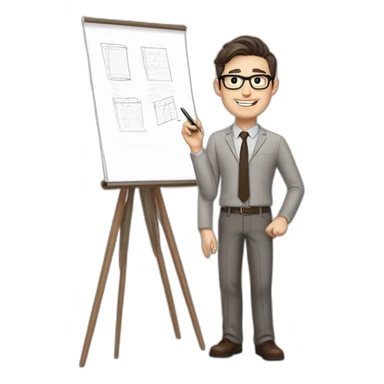 Pale skinned fit man with dark brown hair in gray jacket, beige office shirt, brown tie, brown pants and vintage glasses Writing on the flipchart sticker