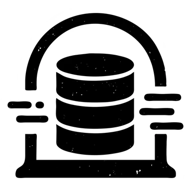 solid icon of stacked database cylinders in a basement or underground setting with abstract data streams, worn and distressed effect, detailed icon sticker
