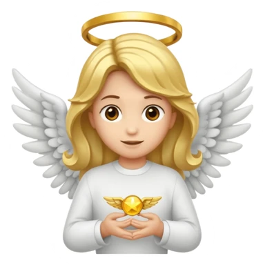 "Um emoji de anjo com cabelos loiros, um halo, asas, segurando um sinal de 'compartilhar' em letras em negrito." sticker