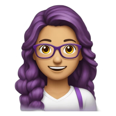mujer-piel muy blanca-con gafas-sonriendo-camisa color morado-pelo corto hasta el hombro-pelo color marrón,con un computador,muy detallada sticker