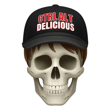 Create a skeleton head wearing a black baseball cap that says " C t r l A l t D e l i c i o u s " in Red, and white lettering, with brown hair sticker