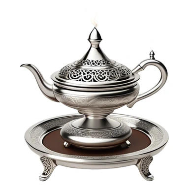 A luxurious Arabian incense burner (mabkhara) elegantly releasing swirling trails of oud or bakhoor smoke, creating a warm and mystical atmosphere. The intricately designed silver burner, placed on a polished tray, exudes opulence and tradition.  sticker