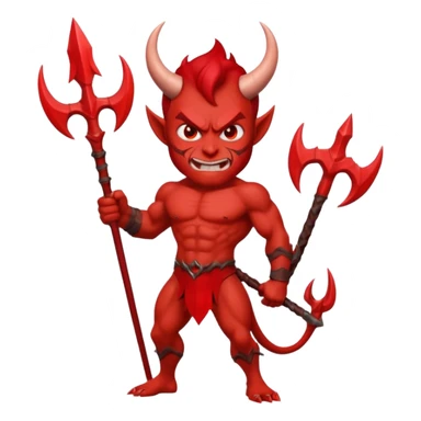 Emoji-style devil: red skin, horns, muscular body, red trident, angry face, sticker