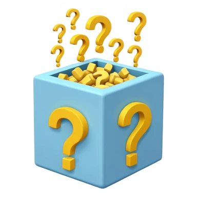 white cube shaped box over stuffed with yellow question marks sticker