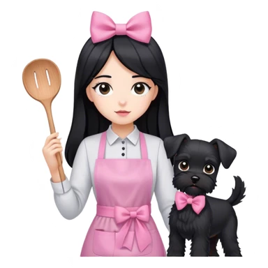 pale girl with LONG BLACK HAIR wearing black long shirt wearing apron holding black  schnauzer pink bow sticker