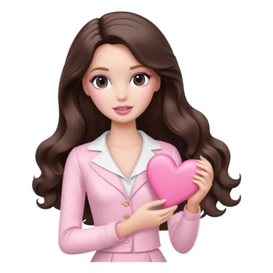 A white Barbie girl with makeup and long dark brown wavy hair in pale pink clothes holds pale pink heart sticker