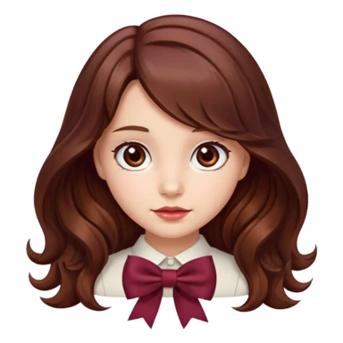 girl wavy long brown hair with a burgundy bow sticker