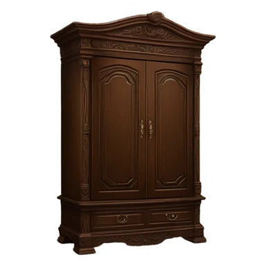 Large wooden wardrobe that’s a rich brown color with intricate carvings on it  sticker