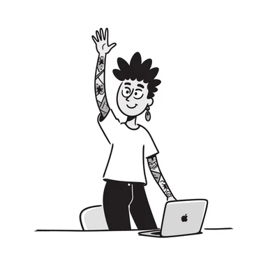 Punk rock female student with mohawk, facial piercings and full sleeve tattoos, smiling confidently while raising hand in class, laptop on desk, wearing band t-shirt sticker