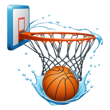 Basketball with net creating a splash effect as ball goes through, water-like net, iOS emoji style sticker