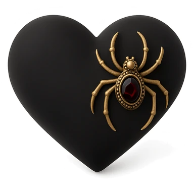 gothic heart in 3D black style, black velvet texture, silver spider brooch, deep red gemstone, ornate and dark sticker
