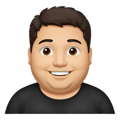 Hombre chubby latino piel canela, cara redonda-ancha, scruff sin barba completa, cejas gruesas, pelo oscuro ondulado flat largo hasta el cuello. Sonrisa amplia, expresión alegre. Camisa negra. Size large.  sticker