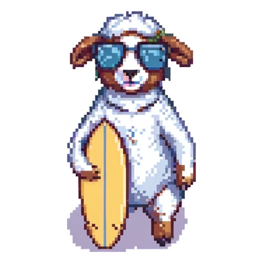 Add cool sunglasses to the sheep while keeping the surfboard and pixel art style the same. Remove the background. sticker