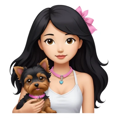 A pretty Asian girl with long, luscious wavy black hair (loose, no hair tie), wearing a white sleeveless halter top. She's holding a Yorkshire Terrier. the dog is wearing a pink collar.  sticker