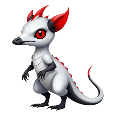 a white exotic edgy vernid-fionbri-creature, with black belly and red eyes, full body sticker