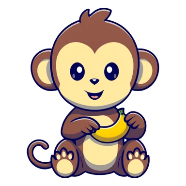 super kawaii baby monkey with big shiny eyes and tiny paws carefully peeling a banana sticker