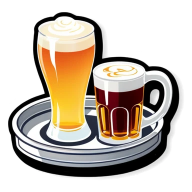 A serving tray with a glass of beer, glass of wine, and a latte k sink. Bbdjd sticker